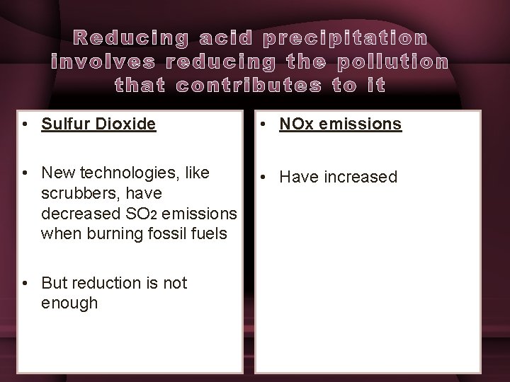  • Sulfur Dioxide • NOx emissions • New technologies, like scrubbers, have decreased
