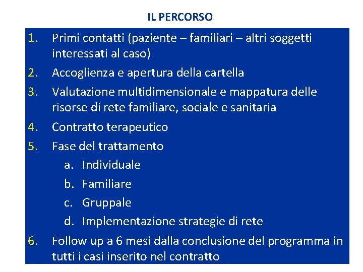 IL PERCORSO 1. 2. 3. 4. 5. 6. Primi contatti (paziente – familiari –