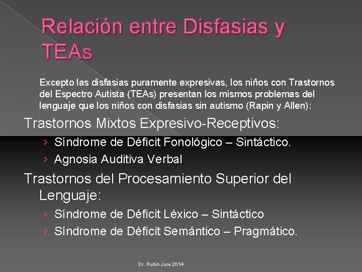 Relación entre Disfasias y TEAS Excepto las disfasias puramente expresivas, los niños con Trastornos