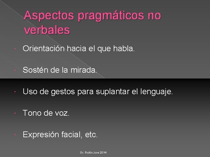 Aspectos pragmáticos no verbales Orientación hacia el que habla. Sostén de la mirada. Uso