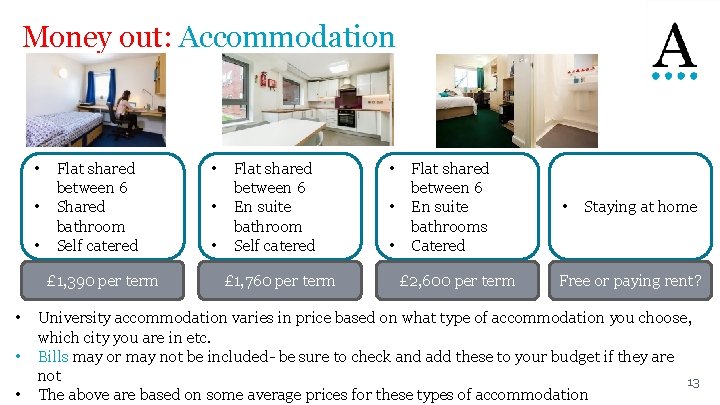 Money out: Accommodation • • • Flat shared between 6 Shared bathroom Self catered