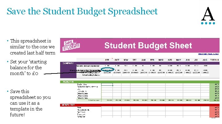 Save the Student Budget Spreadsheet • This spreadsheet is similar to the one we