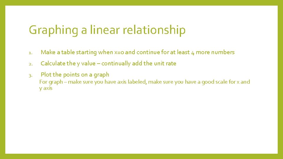 Graphing a linear relationship 1. Make a table starting when x=0 and continue for