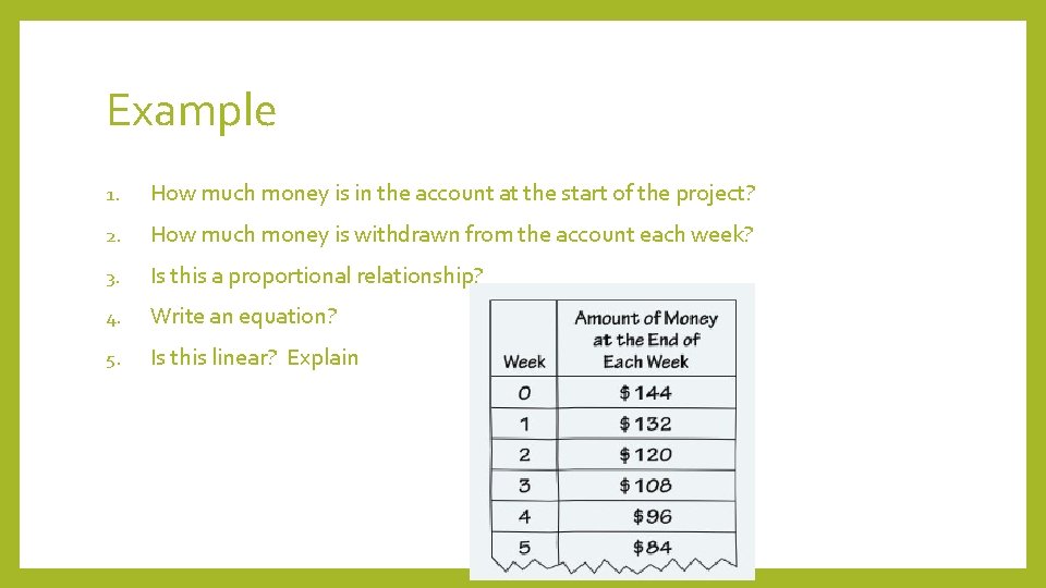 Example 1. How much money is in the account at the start of the