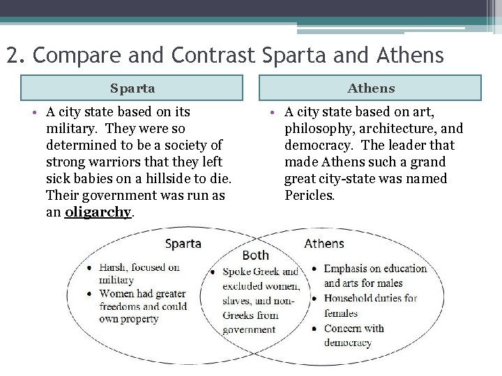 2. Compare and Contrast Sparta and Athens Sparta • A city state based on