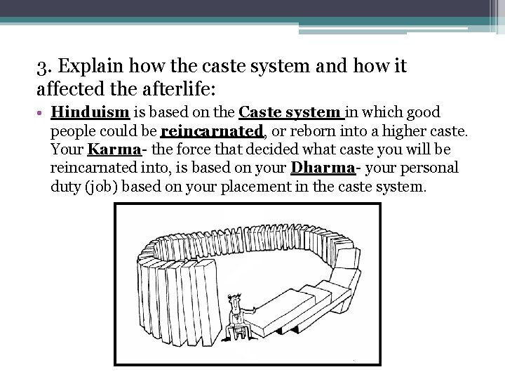 3. Explain how the caste system and how it affected the afterlife: • Hinduism