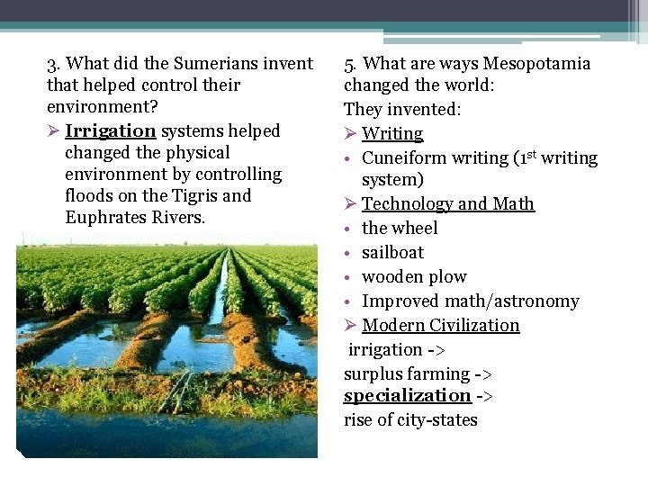 3. What did the Sumerians invent that helped control their environment? Ø Irrigation systems