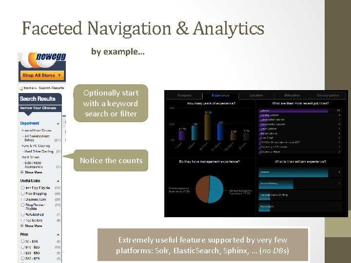 Faceted Navigation & Analytics by example… Optionally start with a keyword search or filter