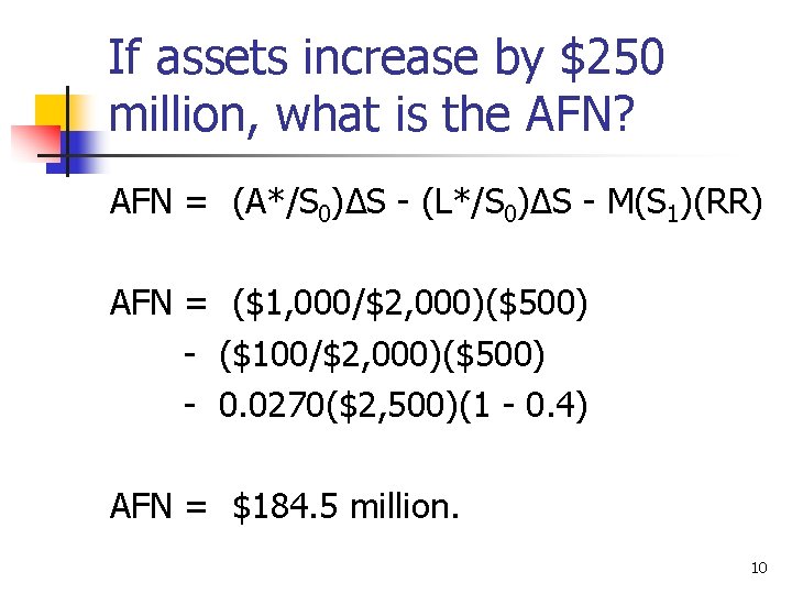 If assets increase by $250 million, what is the AFN? AFN = (A*/S 0)∆S