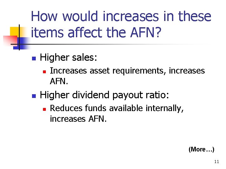 How would increases in these items affect the AFN? n Higher sales: n n