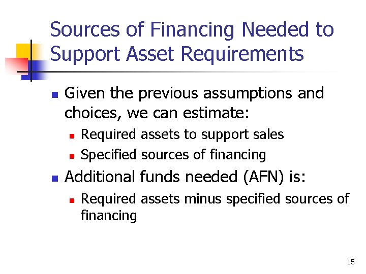 Sources of Financing Needed to Support Asset Requirements n Given the previous assumptions and