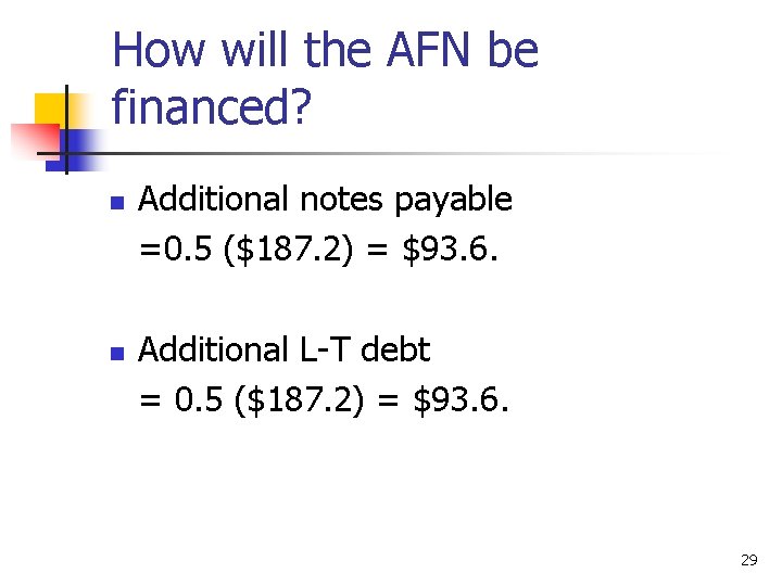 How will the AFN be financed? n n Additional notes payable =0. 5 ($187.