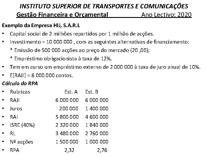 INSTITUTO SUPERIOR DE TRANSPORTES E COMUNICAÇÕES Gestão Financeira e Orçamental Ano Lectivo: 2020 Exemplo