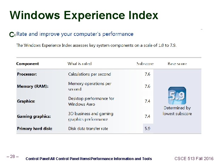 Windows Experience Index Control PanelAll Control Panel ItemsPerformance Information and Tools – 28 –