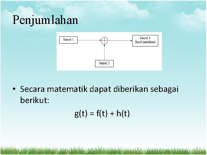 Penjumlahan • Secara matematik dapat diberikan sebagai berikut: g(t) = f(t) + h(t) 