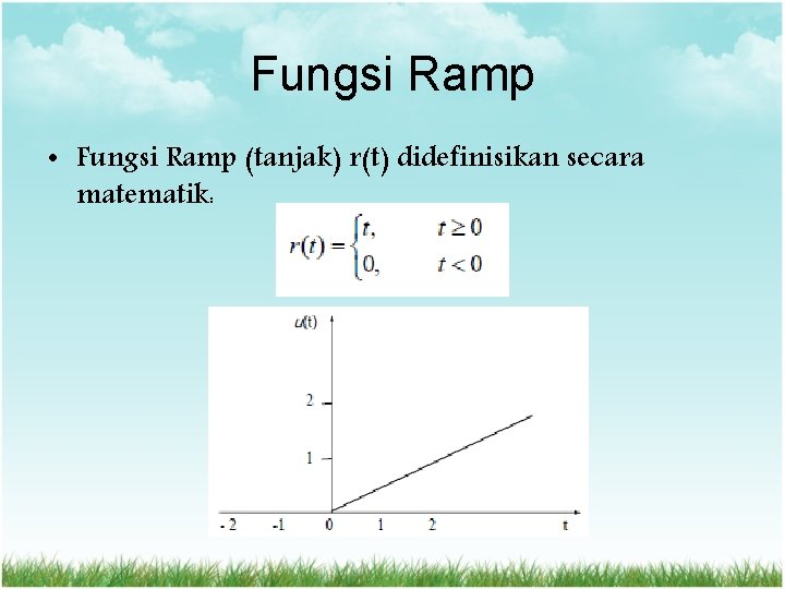 Fungsi Ramp • Fungsi Ramp (tanjak) r(t) didefinisikan secara matematik: 