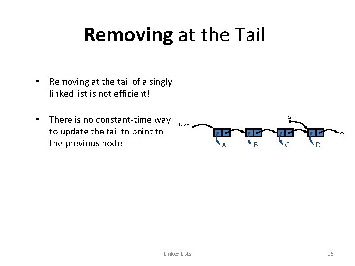 Removing at the Tail • Removing at the tail of a singly linked list