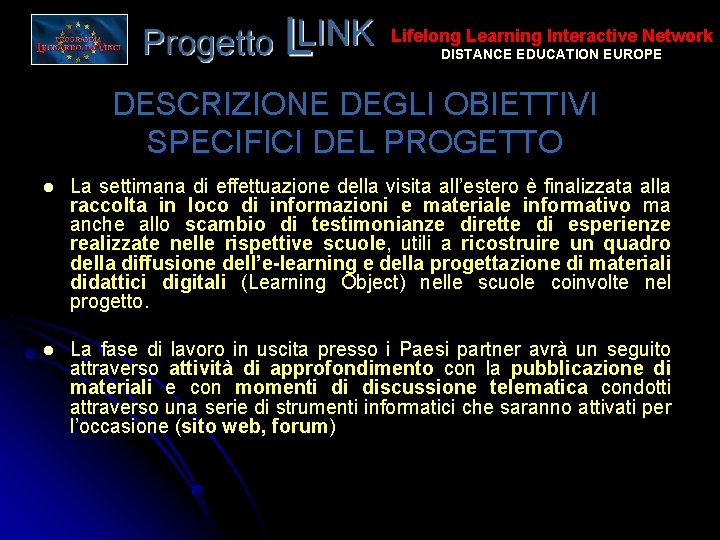 Lifelong Learning Interactive Network DISTANCE EDUCATION EUROPE DESCRIZIONE DEGLI OBIETTIVI SPECIFICI DEL PROGETTO l