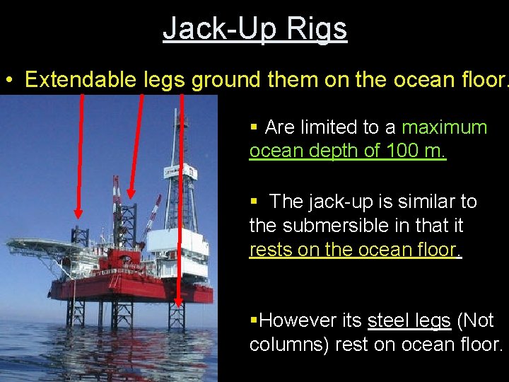 Jack-Up Rigs • Extendable legs ground them on the ocean floor. § Are limited Jack-Up Rigs • Extendable legs ground them on the ocean floor. § Are limited