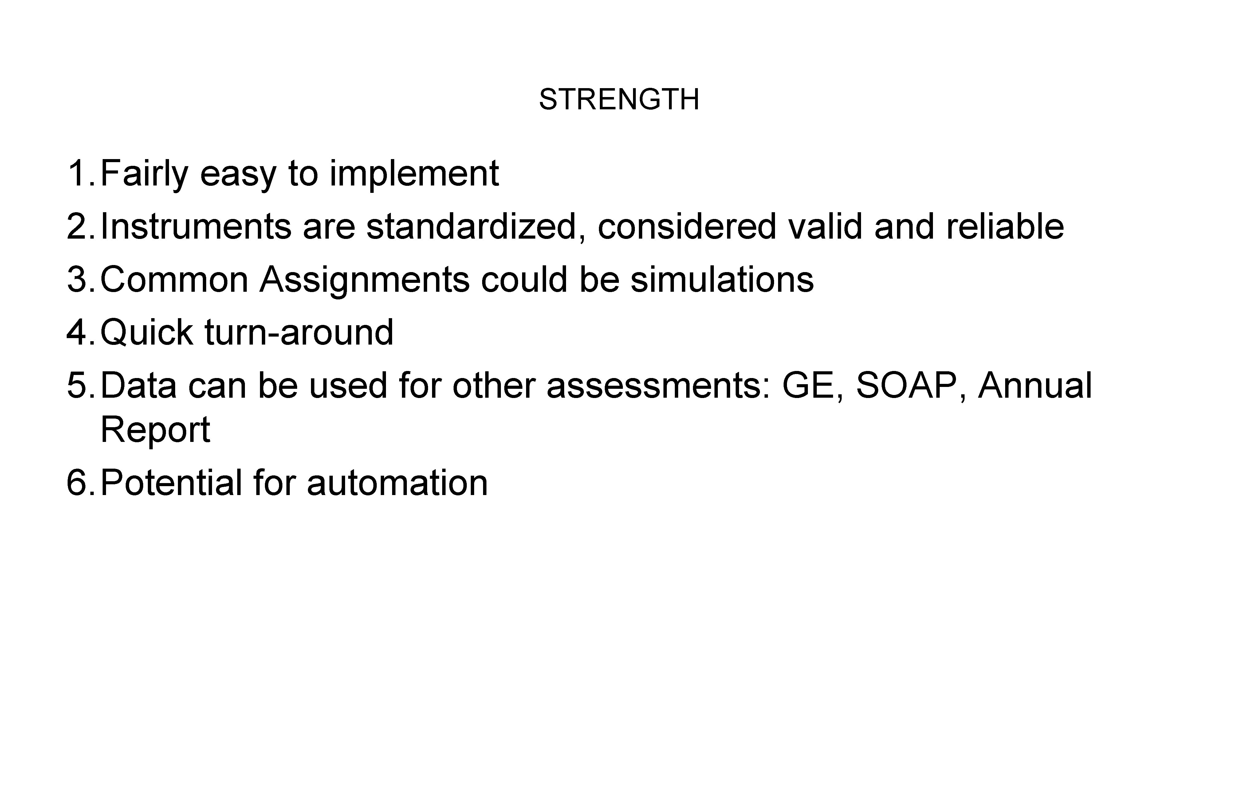 STRENGTH 1. Fairly easy to implement 2. Instruments are standardized, considered valid and reliable STRENGTH 1. Fairly easy to implement 2. Instruments are standardized, considered valid and reliable