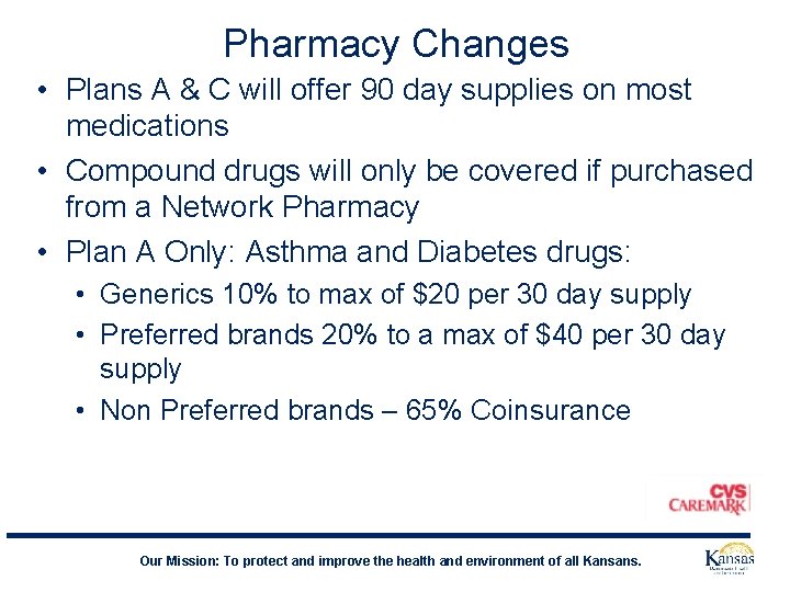 Pharmacy Changes • Plans A & C will offer 90 day supplies on most