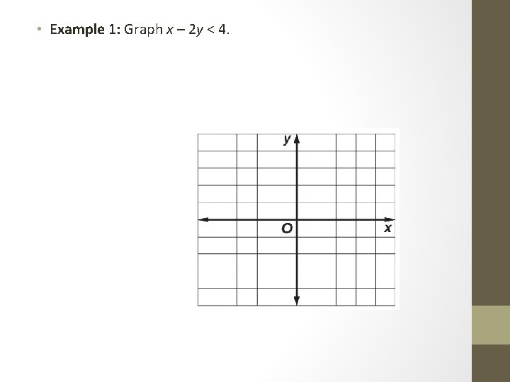  • Example 1: Graph x – 2 y < 4. 