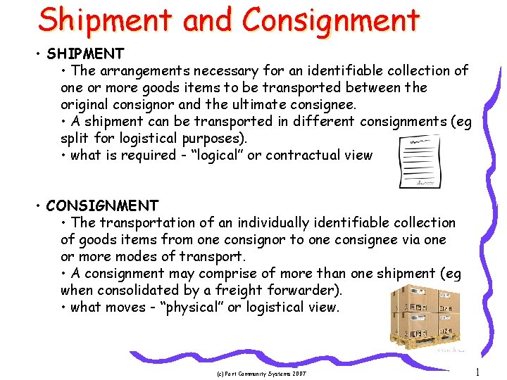 Shipment and Consignment • SHIPMENT • The arrangements necessary for an identifiable collection of