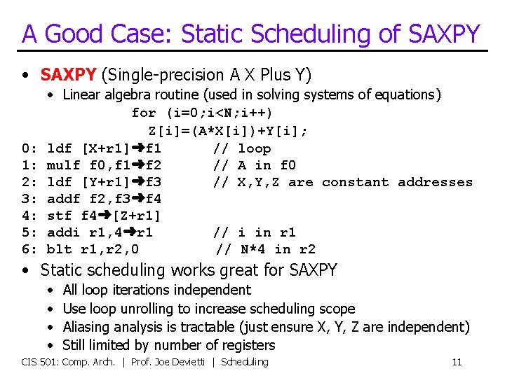 A Good Case: Static Scheduling of SAXPY • SAXPY (Single-precision A X Plus Y)