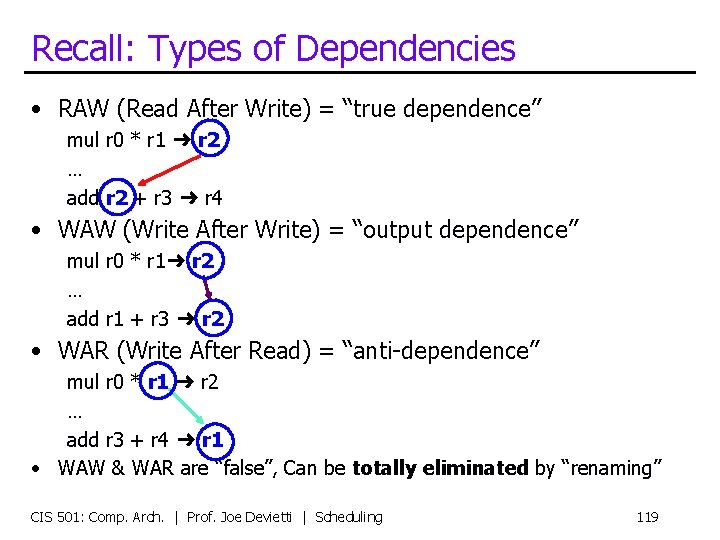 Recall: Types of Dependencies • RAW (Read After Write) = “true dependence” mul r