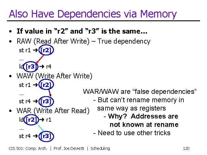 Also Have Dependencies via Memory • If value in “r 2” and “r 3”