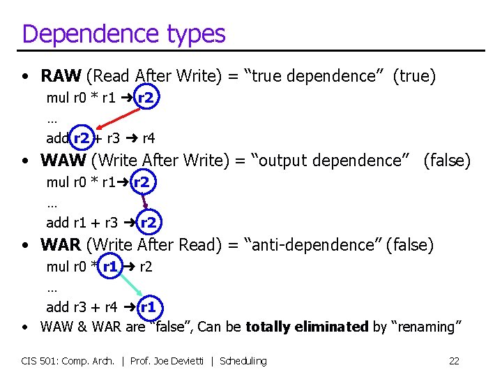 Dependence types • RAW (Read After Write) = “true dependence” (true) mul r 0