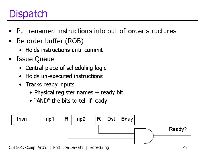 Dispatch • Put renamed instructions into out-of-order structures • Re-order buffer (ROB) • Holds