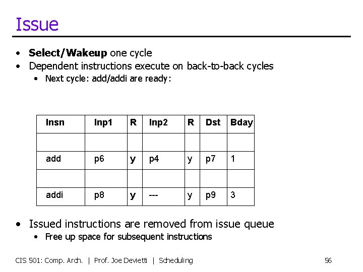 Issue • Select/Wakeup one cycle • Dependent instructions execute on back-to-back cycles • Next
