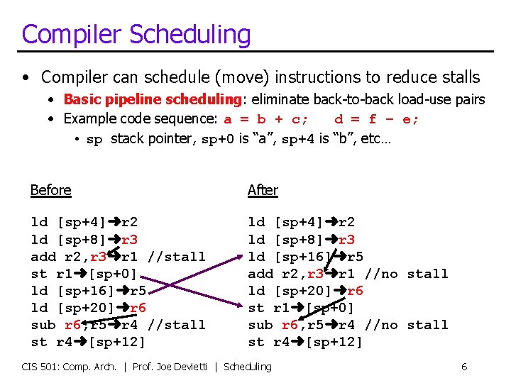 Compiler Scheduling • Compiler can schedule (move) instructions to reduce stalls • Basic pipeline