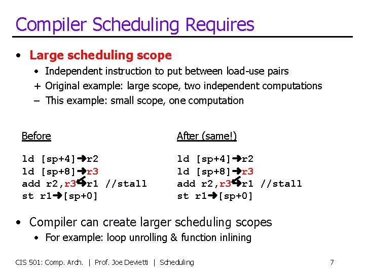 Compiler Scheduling Requires • Large scheduling scope • Independent instruction to put between load-use