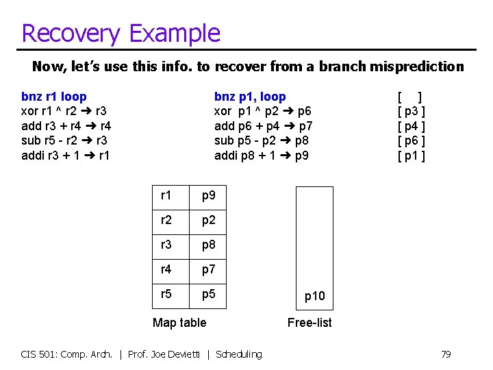 Recovery Example Now, let’s use this info. to recover from a branch misprediction bnz