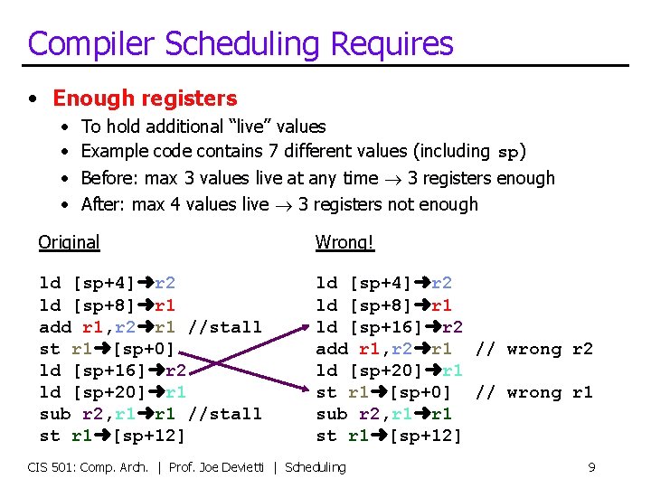 Compiler Scheduling Requires • Enough registers • To hold additional “live” values • Example