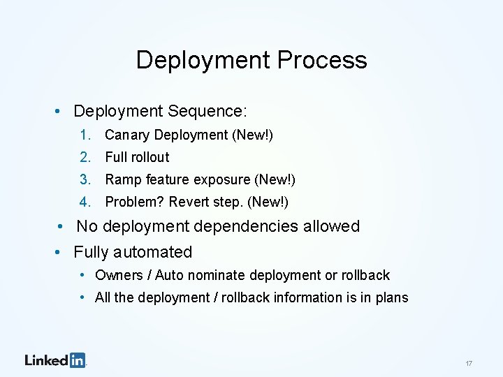 Deployment Process • Deployment Sequence: 1. Canary Deployment (New!) 2. Full rollout 3. Ramp