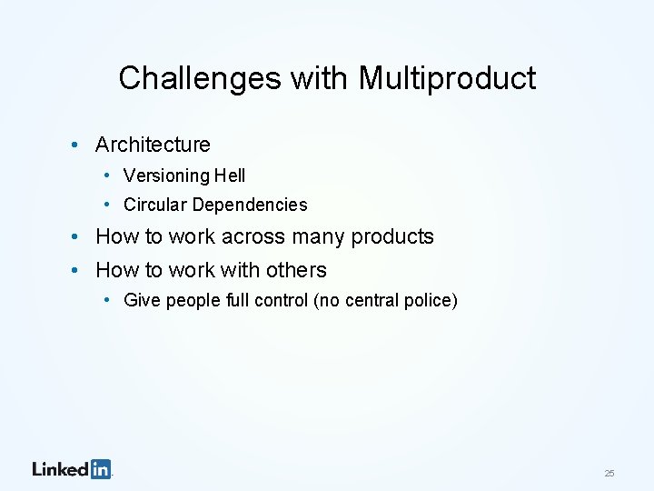 Challenges with Multiproduct • Architecture • Versioning Hell • Circular Dependencies • How to