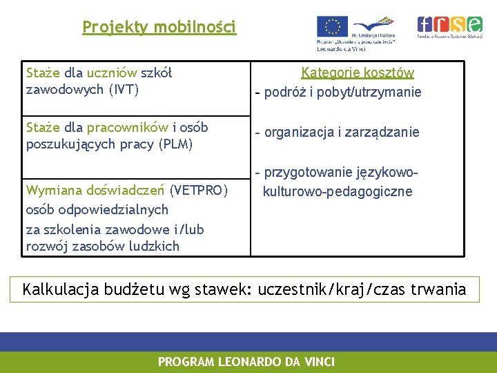 Projekty mobilności Staże dla uczniów szkół zawodowych (IVT) Kategorie kosztów - podróż i pobyt/utrzymanie