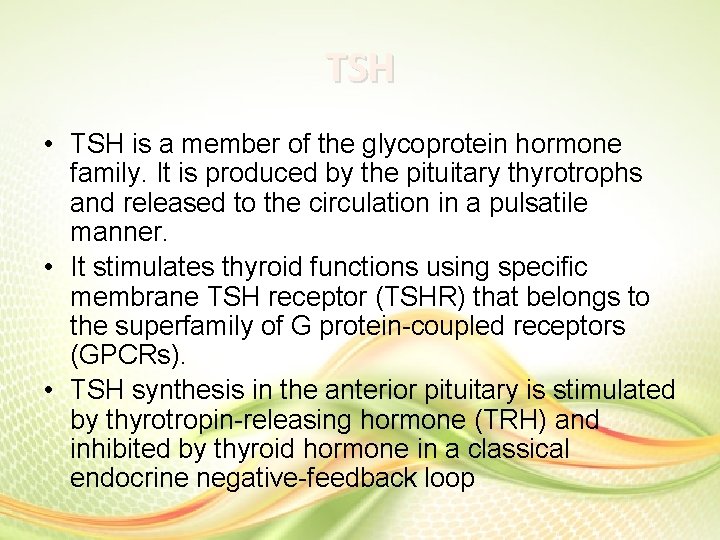 TSH • TSH is a member of the glycoprotein hormone family. It is produced TSH • TSH is a member of the glycoprotein hormone family. It is produced