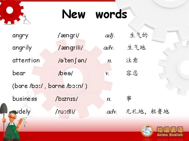 New words angry /5 i/ adj. angrily /5 i i/ adv. attention / 5