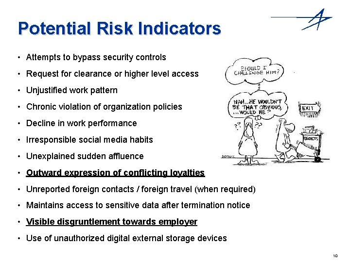 Potential Risk Indicators • Attempts to bypass security controls • Request for clearance or