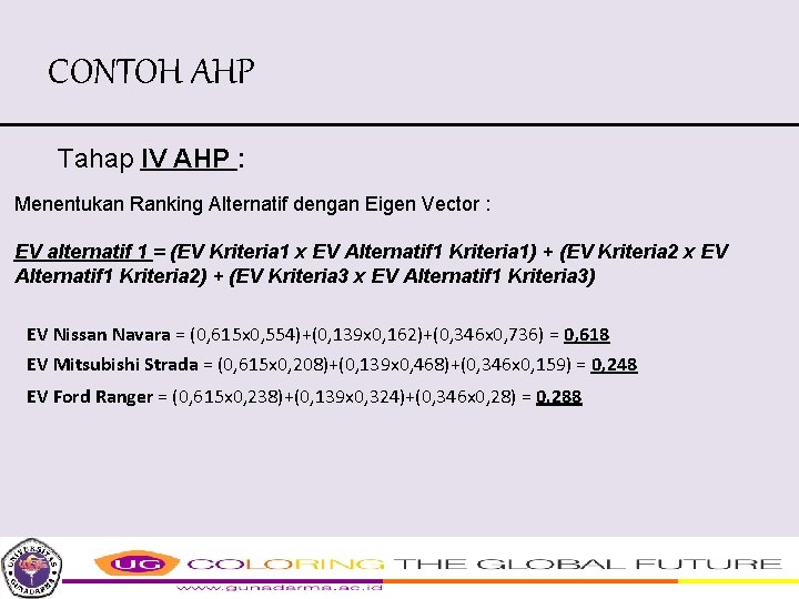 CONTOH AHP Tahap IV AHP : Menentukan Ranking Alternatif dengan Eigen Vector : EV