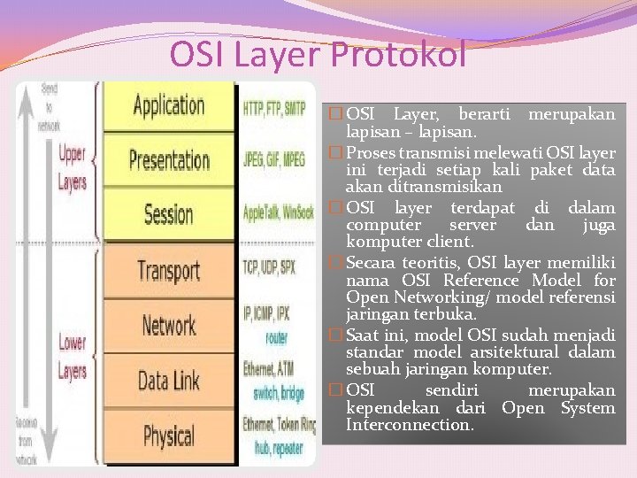 OSI Layer Protokol � OSI Layer, berarti merupakan lapisan – lapisan. � Proses transmisi