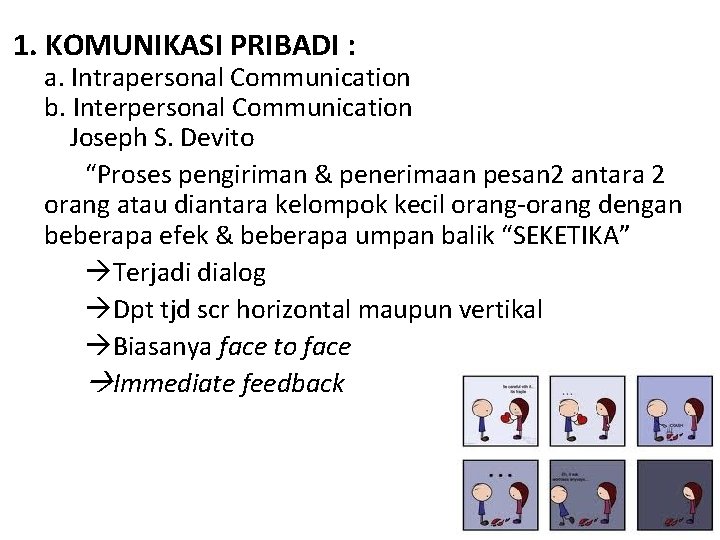 1. KOMUNIKASI PRIBADI : a. Intrapersonal Communication b. Interpersonal Communication Joseph S. Devito “Proses