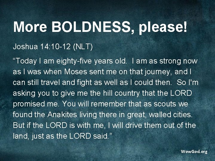 More BOLDNESS, please! Joshua 14: 10 -12 (NLT) “Today I am eighty-five years old.