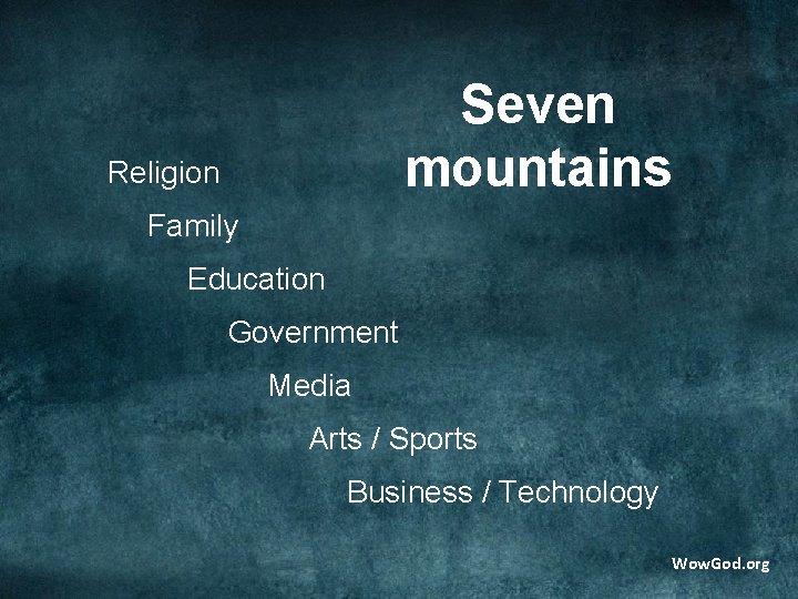 Seven mountains Religion Family Education Government Media Arts / Sports Business / Technology Wow.