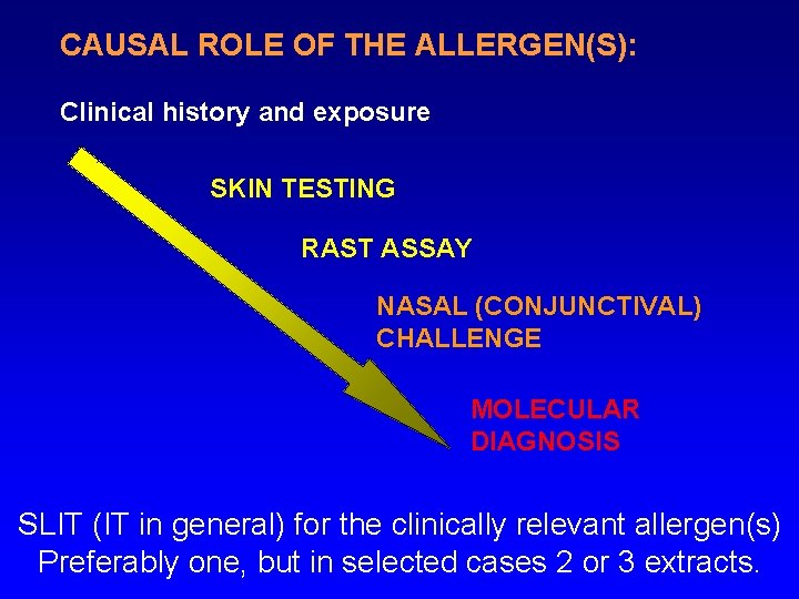 CAUSAL ROLE OF THE ALLERGEN(S): Clinical history and exposure SKIN TESTING RAST ASSAY NASAL