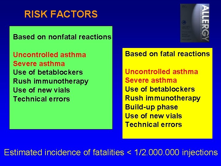RISK FACTORS Based on nonfatal reactions Uncontrolled asthma Severe asthma Use of betablockers Rush